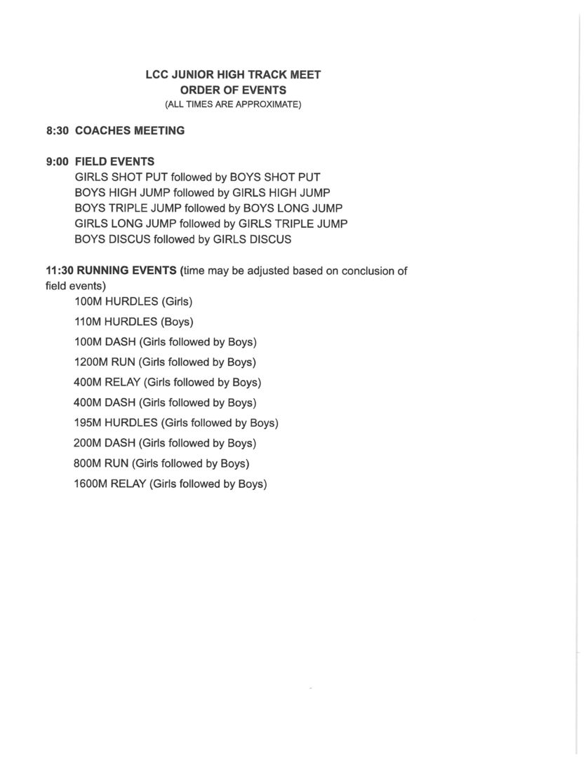 Allen Consolidated Schools JH Track and Field at LCC Schedule of